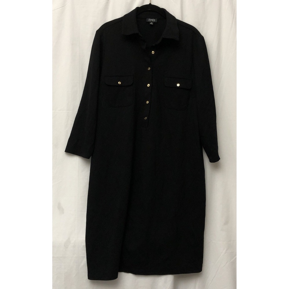 Jones New York Women's Black Two Pocket Gold Buttons 3/4 Sleeve Shirt Dress - 16 - Picture 1 of 11